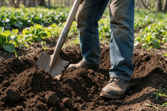 Man uses shovel to dig dark soil in vegetable garden. Close up of legs in jeans, boots working on dacha plot. Gardener prepares ground for spring planting of crops in backyard. Manual labor in