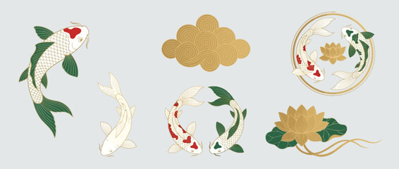 Obraz premium Koi fish vector illustration set featuring swimming carp with lotus flowers and traditional clouds isolated on a soft grey background for zen and oriental inspired graphic design projects