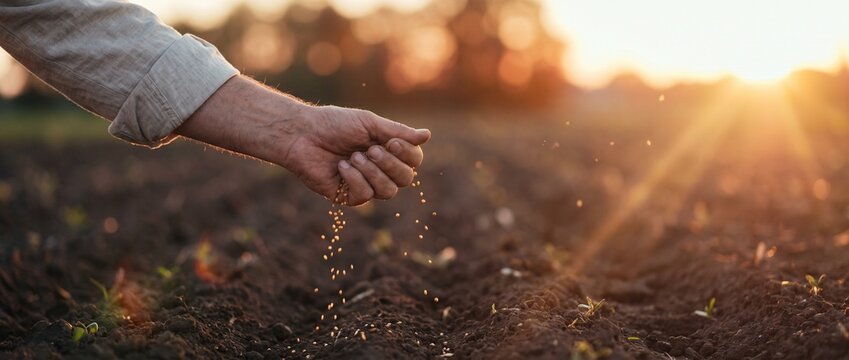 Blurred background of a hand sowing seeds in a field at golden hour, Parable of the Sower concept for a religious website header banner with copy space