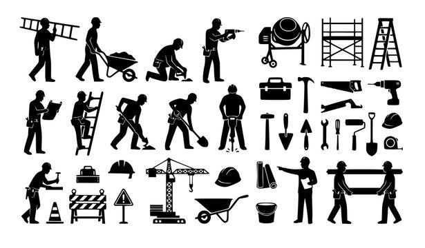 construction, worker, equipment, icon, set, silhouette, black, vector, builder, tool, ladder, wheelbarrow, mixer, crane, scaffolding, helmet, drill, safety, site, labor, industrial, flat, design, coll