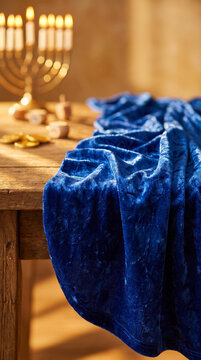 blue velvet tablecloth fabric texture Jewish holiday table setting menorah background festive decoration cultural tradition