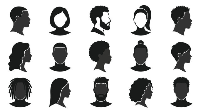 Diverse human head silhouettes vector illustration showcasing multiple hairstyles and facial profiles together