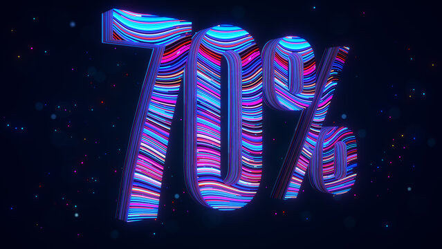 Large futuristic 3D 70 percent typography in perspective with vibrant blue and purple flowing stripes, glowing particles, and luminous bokeh against a dark digital space background.