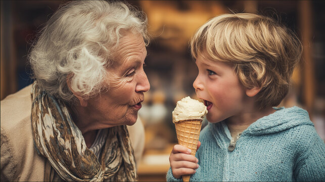 Grand mother and nephew having icream