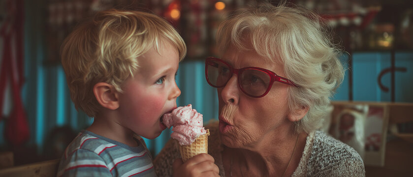 Grand mother and nephew having icream