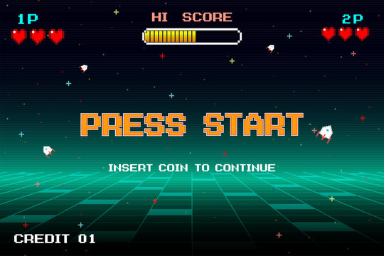 PRESS START. INSERT COIN TO CONTINUE. pixel art 8 bit. Retro Futurism Sci-Fi Background. Glowing neon grid and stars from vintage arcade computer games