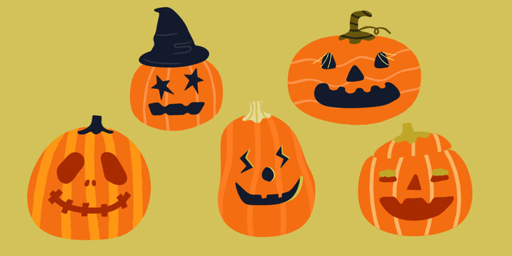 Carved Halloween Pumpkins Vector Set