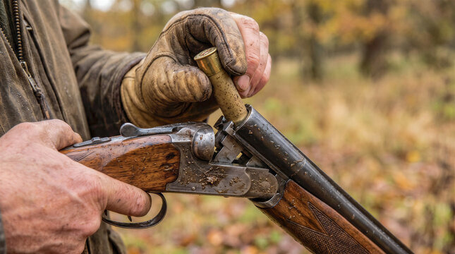Hunter loading a shotgun cartridge into the chamber during hunting