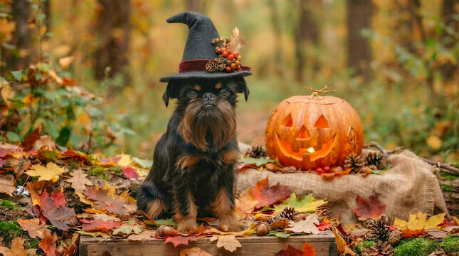 Belgian Griffon dog wearing a witch hat with Halloween pumpkin