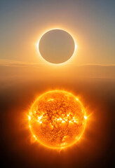 Fototapeta premium Solar eclipse and sun surface, astronomy and space exploration concept, celestial event with glowing corona and solar flares in the deep dark universe