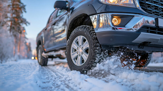 Low-angle close-up of a powerful truck navigating a snow-covered road at dusk, winter tires leaving deep tracks through fresh snow, icy slush spraying from the wheels, frosted roadside trees and fai