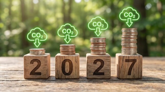 2027 carbon dioxide reduction concept with coin stacks emissions environment investment reduction sustainability business