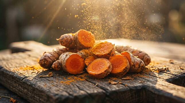 Fresh turmeric rhizomes on cutting board with golden sunlight