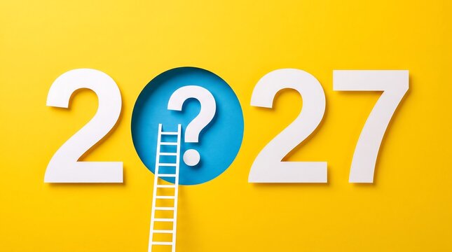 Question mark inside 2027 numbers with ladder on yellow wall twenty seven question background uncertainty solution strategy