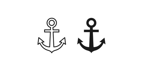 Nautical anchor icons in line art and solid black silhouettes for marine. © Adil