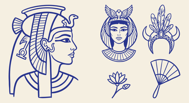Hand drawn blue line art vector set of Egyptian queen Cleopatra, headdress, lotus flower, and hand fan on beige background