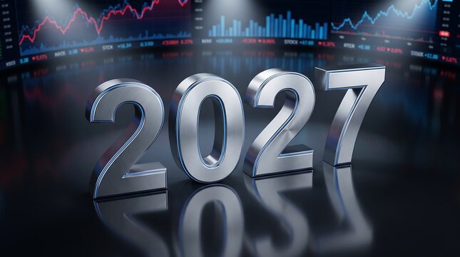 2027 metallic numbers over financial stock market charts with business investment metallic analysis corporate technology