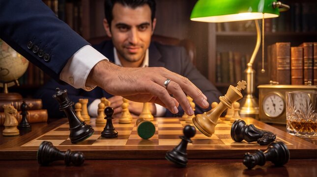 Man playing chess and making a move in a library setting  