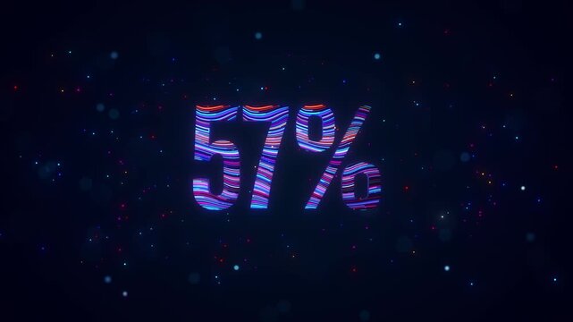 3D animation of futuristic 57 percent typography featuring rotating colorful blue and purple flowing lines, glowing particles, luminous bokeh, and vibrant digital energy against dark background.