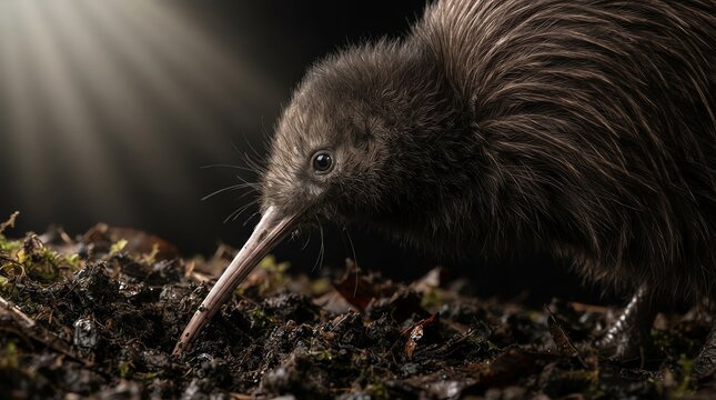 Kiwi bird probing soil on forest floor