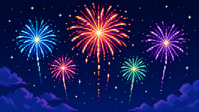 Colorful pixel art fireworks exploding in the night sky with clouds and stars background