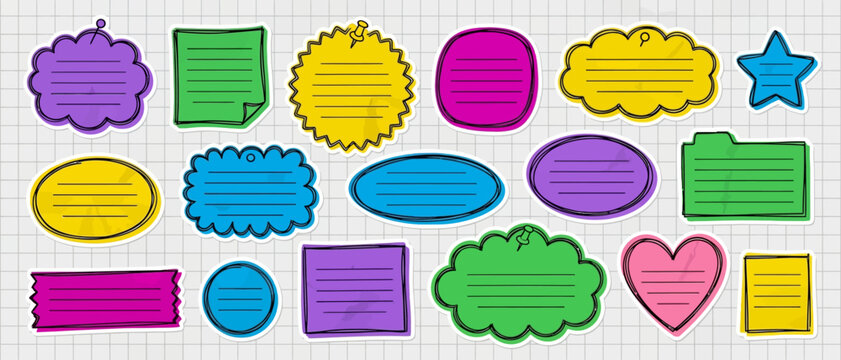 Set of colorful hand drawn note stickers and labels on grid paper background featuring various shapes and textures for scrapbooking and creative digital note taking and organization