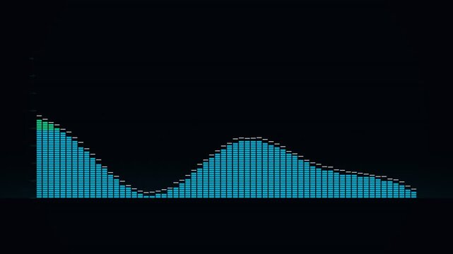 Digital audio visualizer waveform with cyan bars on a dark background, flat vector illustration for music and data.