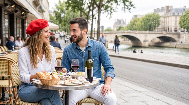 Smiling Young Couple Having Lunch at Traditional Cafe Along Seine River in Paris.woman, wearing a stylish red French beret