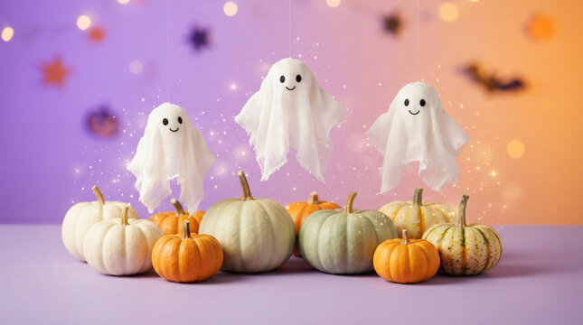 Friendly ghost premium autumn concept with Three small white fabric ghost decorations floating above colorful pumpkins for seasonal advertising, with generous copy space