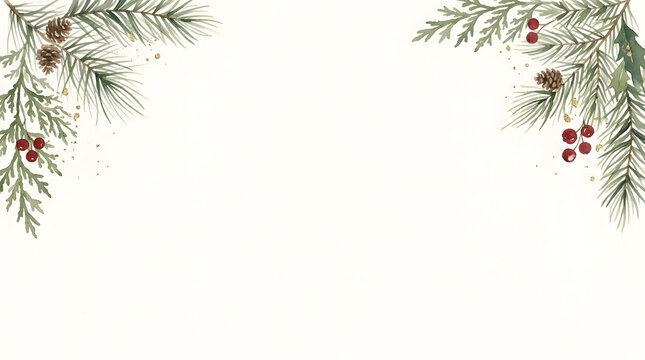 Festive watercolor branches of pine and fir with red berries and pinecones on a white background for holiday designs