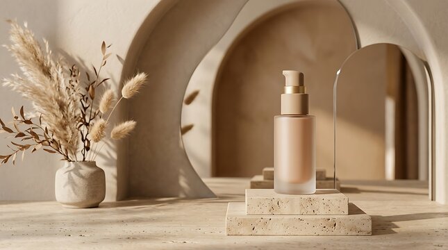 Cosmetic bottle on a podium with dry plants in a modern arch interior for beauty product display. primer product display