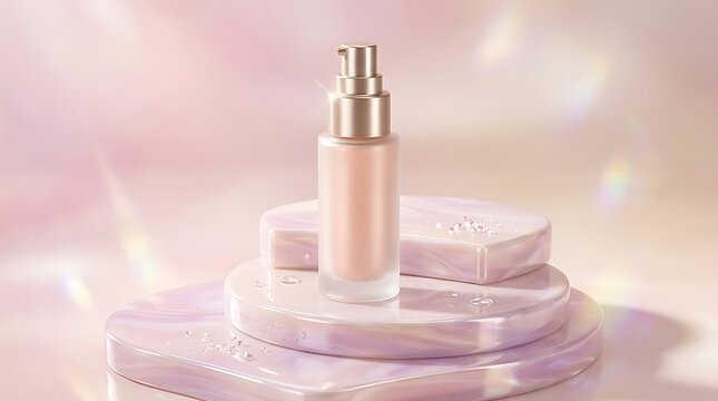 Luxury cosmetic pump bottle for serum or foundation on elegant marble podiums with soft light. primer product display