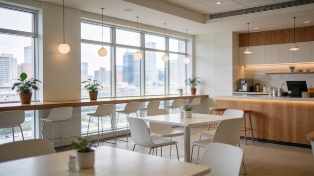 Spacious light-colored workplace cafeteria with modern furniture, clean dining areas, and bright overhead lighting