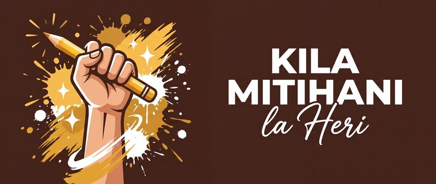Hand holding pencil exam success Swahili language wish banner with Kila Mitihani la Heri text background for student education test study motivation school achievement graphic design
