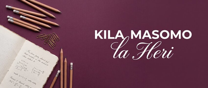 School supplies study flat lay on purple background with wooden pencils, vintage notebook, math handwritten notes, paper clips, and Swahili greeting text Kila Masomo la Heri for back to school banner.