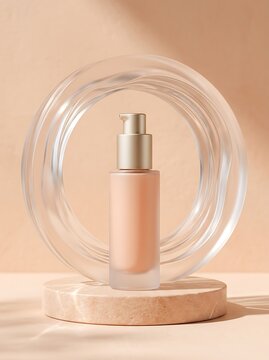 Face foundation bottle on a round pedestal with a circle frame in a warm beige studio setting. primer product display