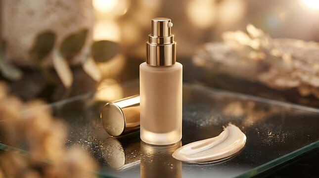 Cosmetic foundation liquid bottle with pump on a dark reflective surface with warm golden lighting. primer product display