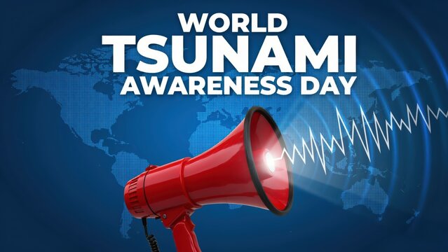 World tsunami awareness day concept with a red megaphone and seismic wave graphic
