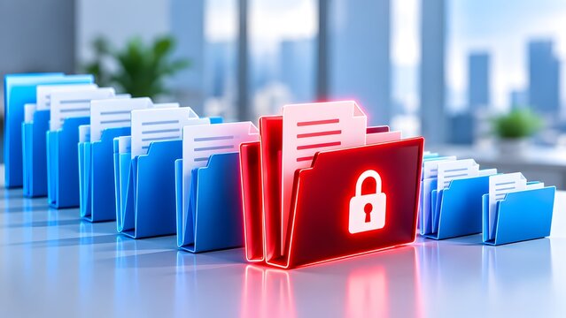 Glowing red secure folder with padlock icon standing out among blue document folders on a corporate office desk