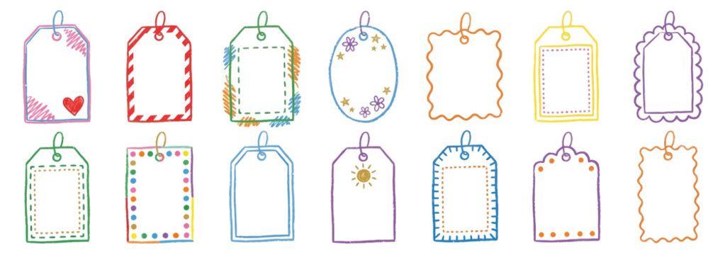 Collection of twelve colorful hand drawn gift tags with decorative borders and artistic patterns isolated on white background for holiday labels and creative scrapbooking and gift wrapping projects