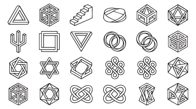 Set of impossible geometry shapes and optical illusions in black and white vector line art style