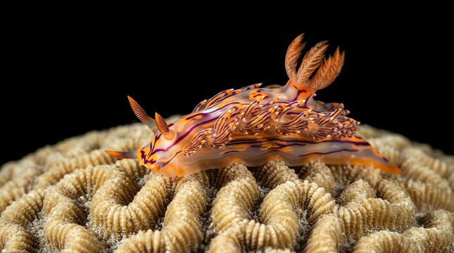 Orange and purple nudibranch on brain coral