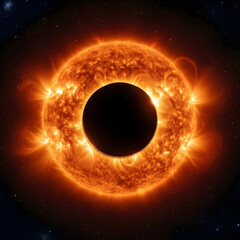 Fototapeta premium Solar eclipse and astronomy, total sun eclipse with glowing corona and plasma flares in deep space, celestial event and cosmic phenomenon in the galaxy