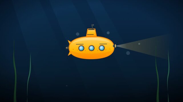 A cute yellow cartoon submarine exploring the dark depths of the deep ocean.