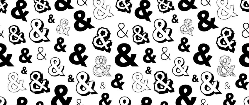 Seamless pattern of ampersand symbols in various fonts and styles including pixelated and outline versions isolated on white background for typography and graphic design projects