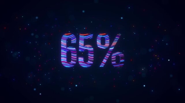 3D animation of futuristic 65 percent typography featuring rotating colorful blue and purple flowing lines, glowing particles, luminous bokeh, and vibrant digital energy against dark background.