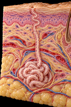 3D eccrine sweat gland cross-section showing the coiled secretory tubule, dermal duct, spiral acrosyringium, surface pore, collagen-rich dermis, and adipose hypodermis
