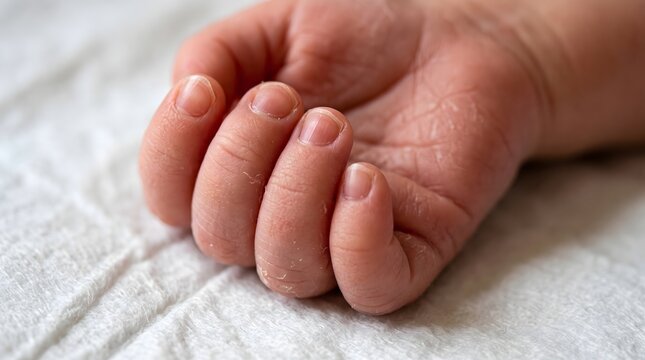 3:1 macro of a newborn baby's hand showing superfine skin microrelief, subtle vernix sheen, translucent nails, and primary palmar flexion creases under warm diffused light
