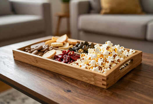 Social gathering and hospitality, wooden snack tray with popcorn and appetizers on a coffee table in a cozy living room for home entertainment