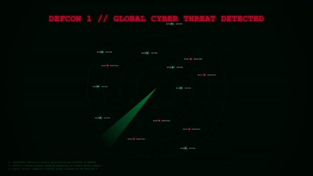 Digital interface showing DEFCON 1 global cyber threat detected warning with radar scan